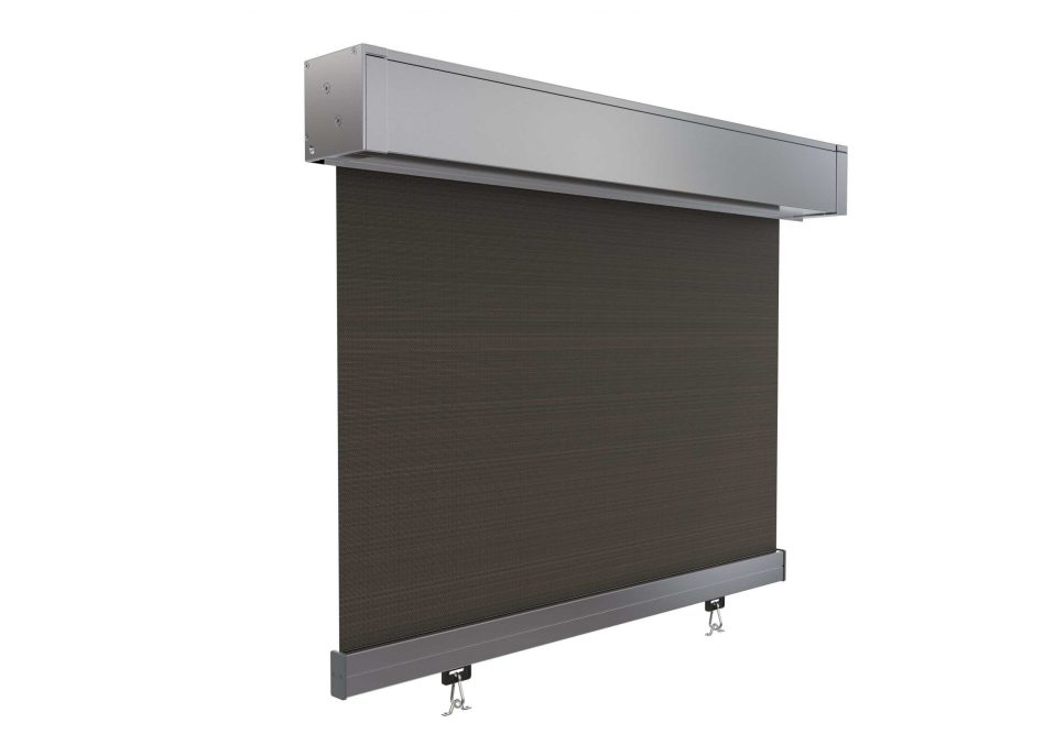 Retractable fabric screen with silver casing and black fabric.