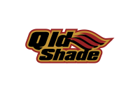 Logo of "Qld Shade" in bold black and yellow letters with a red and black leaf-like graphic above the word "Shade".